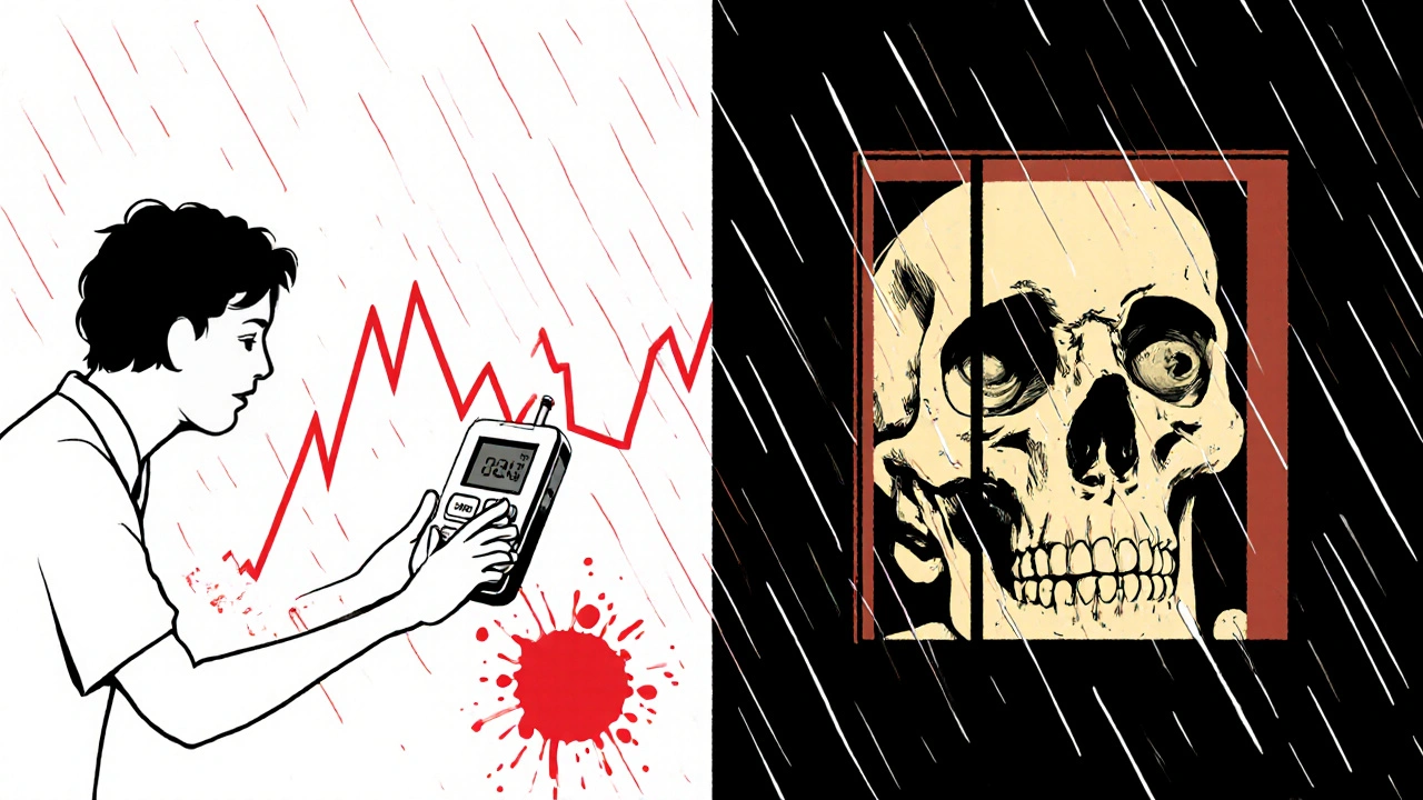 A diabetic patient&#039;s body transforms into a skeletal form with crumbling bones and clouded eyes.