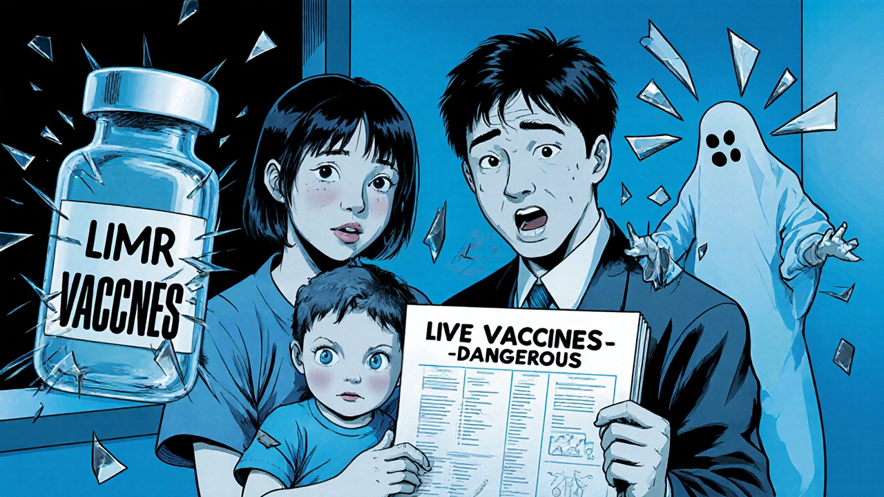 A mother and child with a doctor warning against live vaccines while a vial shatters in the background.