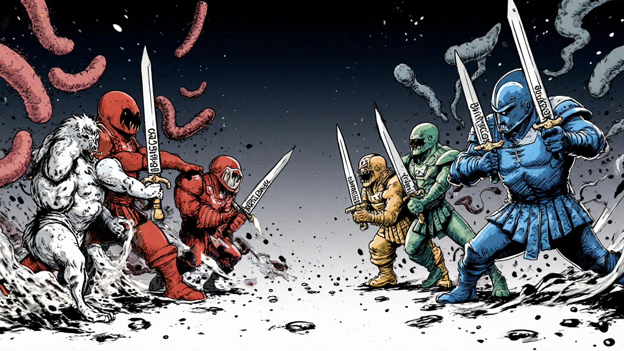 Animated bacterial battle with antibiotic heroes showing MIC values.
