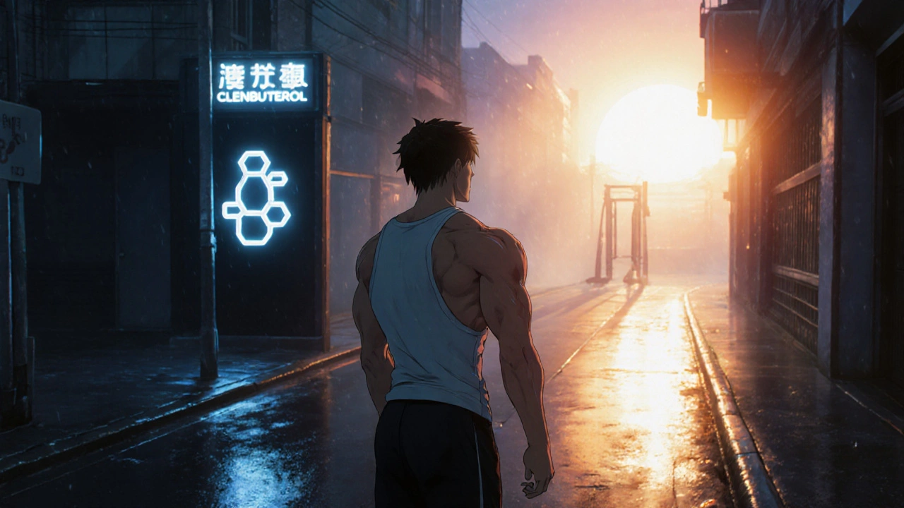 Athlete at a foggy crossroads choosing between a risky neon path and a bright gym.