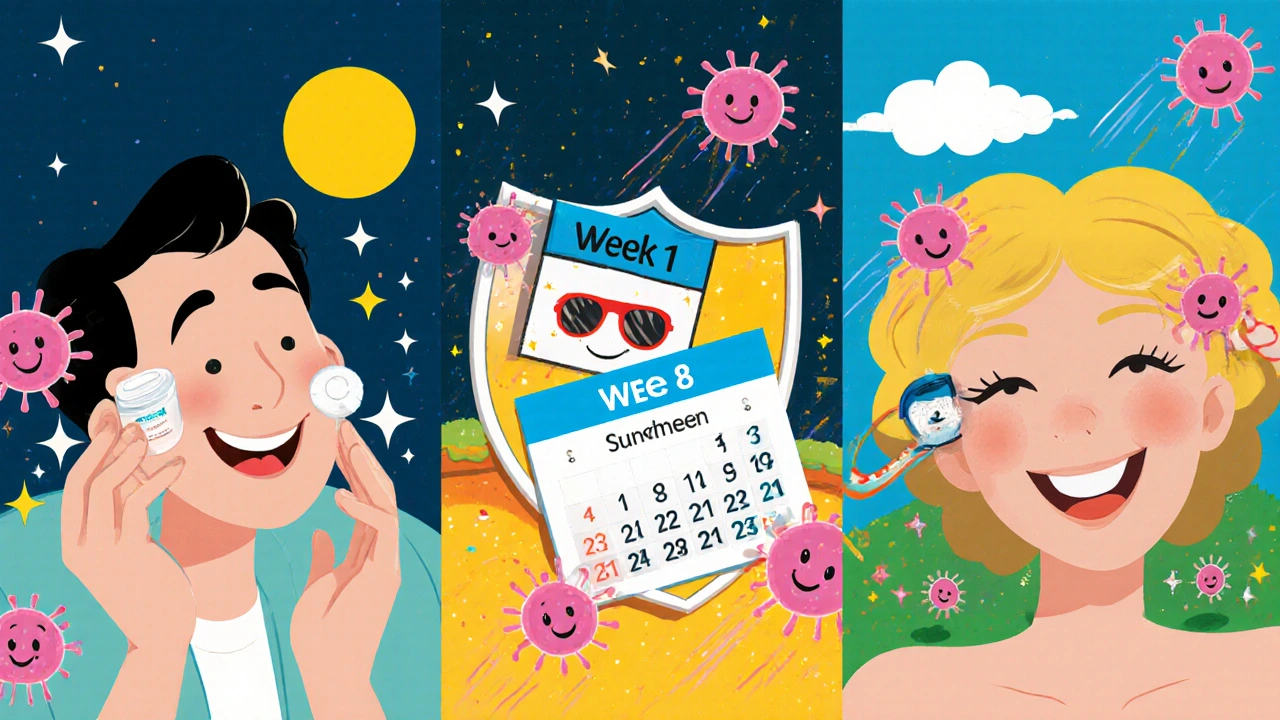 Cartoon patient applies cream at night, then uses a giant sunscreen shield while a calendar shows progress.