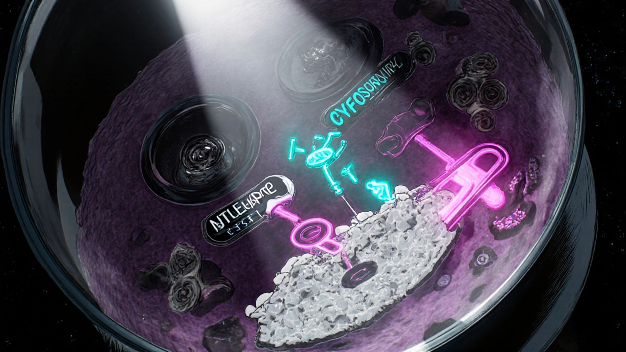 Cell interior showing enzymes converting Sofosbuvir to its active form.