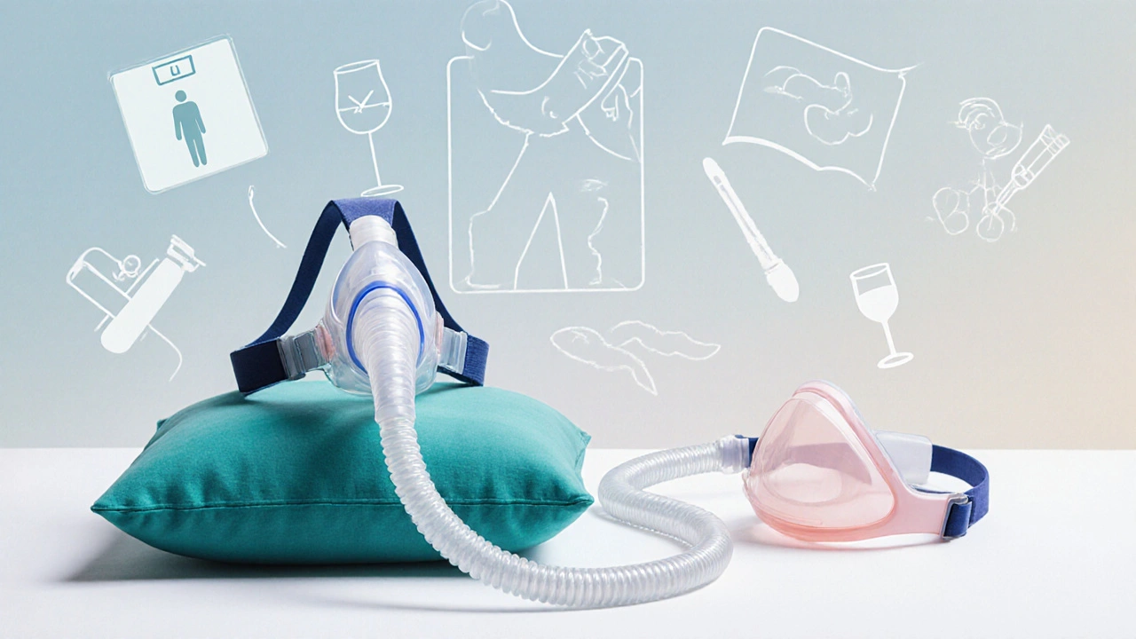 Collage of CPAP mask, oral device, surgery tools, and lifestyle icons.