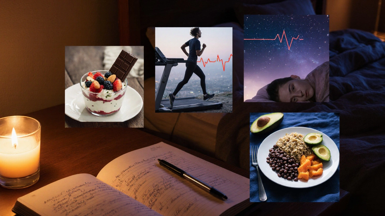 Collage of daily meals, workout, and bedtime journal in a cozy bedroom at dusk.