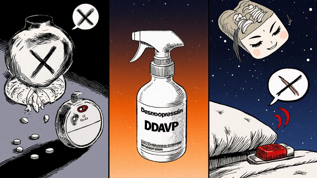 Collage of DDAVP spray, tablets, alarm device, and medication pills in comic panel style.