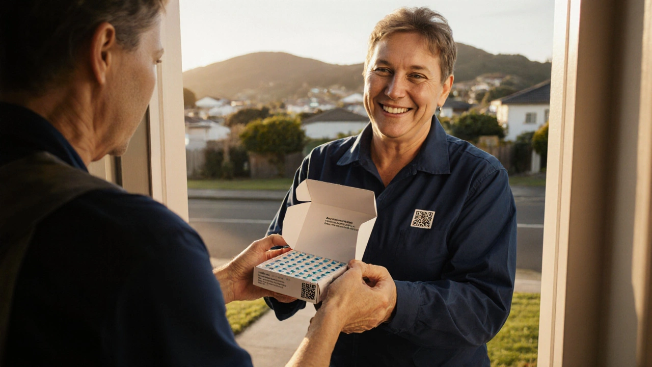 Courier delivering a box of generic Lipitor tablets to a person at a New Zealand doorstep.