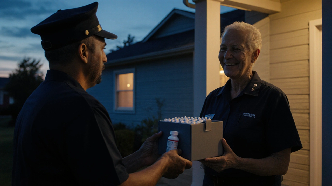 Delivery person handing a discreet medication box to a happy adult on a porch at dusk.