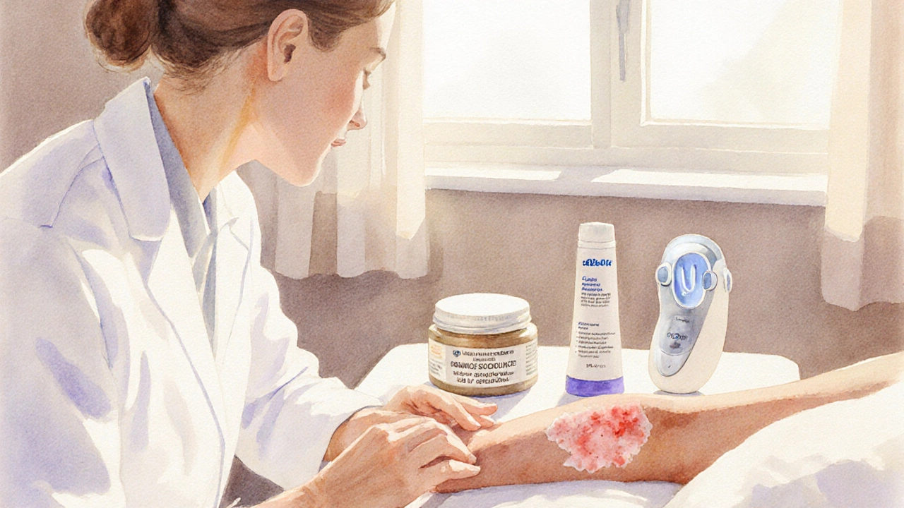 Dermatology office scene with doctor examining plaque and treatment items.