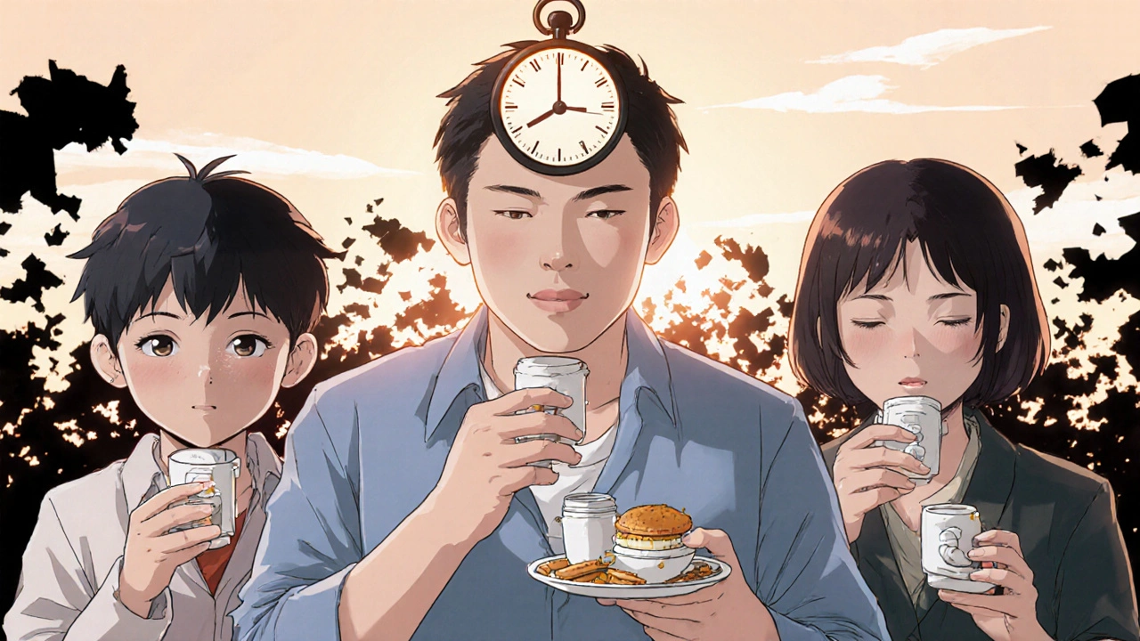 Diverse individuals maintaining consistent medication timing with glowing clocks, chaotic missed doses fading behind them.