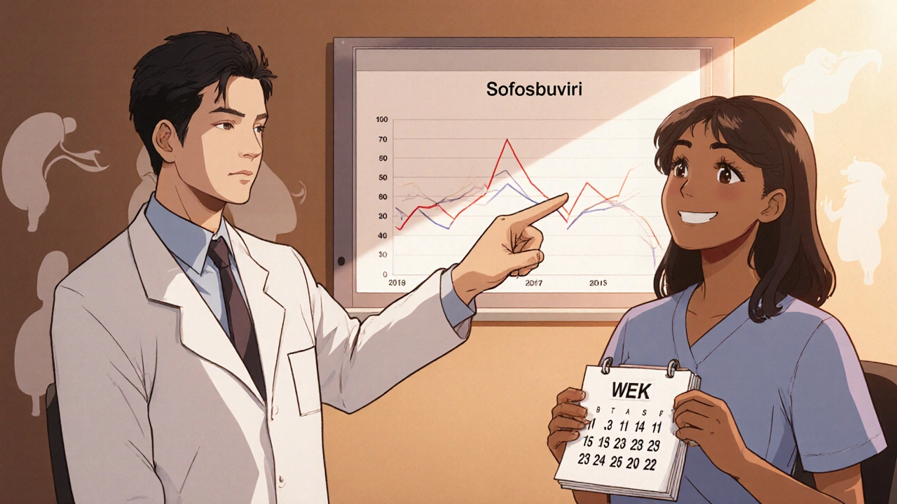 Doctor and patient celebrating successful Sofosbuvir treatment in a clinic.