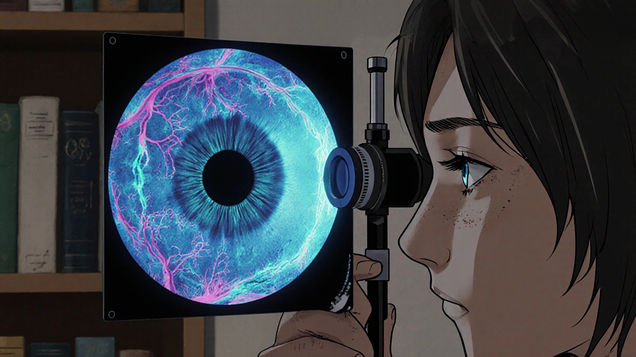 Doctor examining an eye with a glowing retinal OCT scan in the background.
