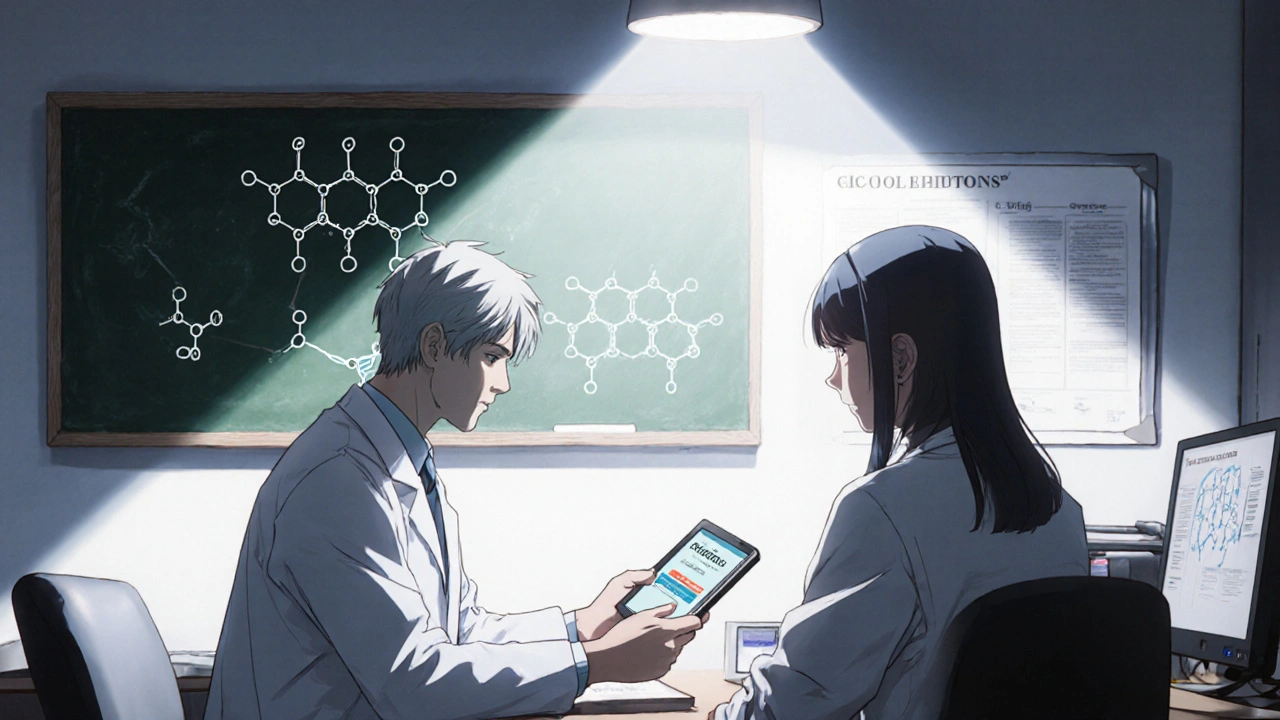 Doctor explaining Aceclofenac to patient in a lab setting.