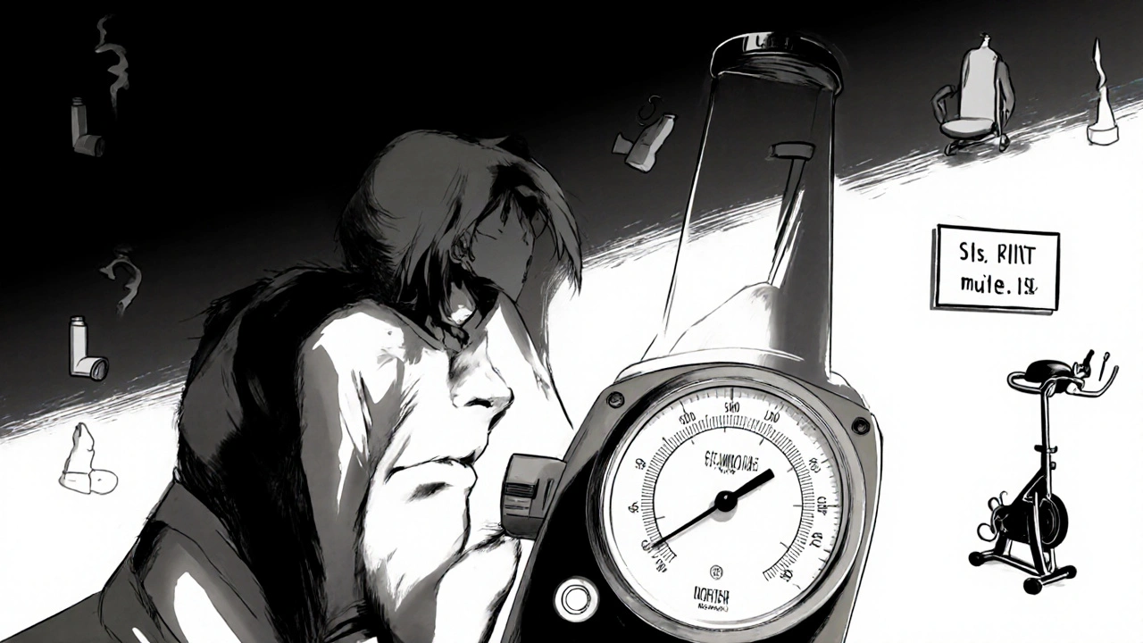 Doctor performing spirometry beside faint inhaler and rehab symbols.