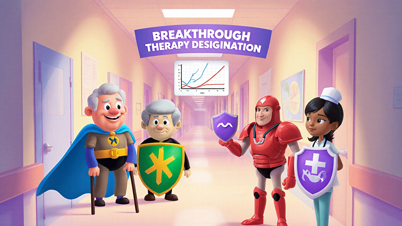 Elderly patient smiles as drug heroes and a nurse celebrate breakthrough therapy.