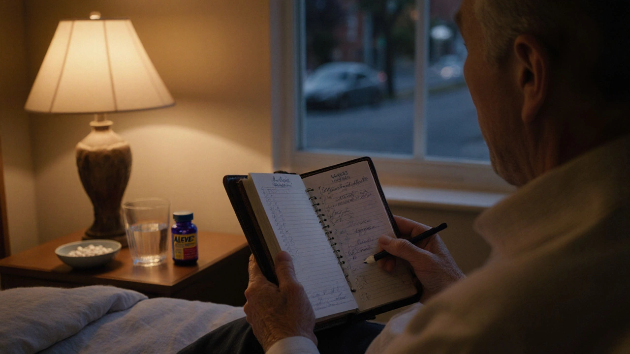 Elderly person writing in a pill diary beside an Aleve bottle in a softly lit bedroom.