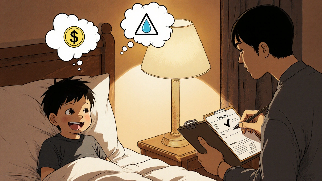 Family morning scene showing child awake dry, parent with clipboard, and symbolic icons.