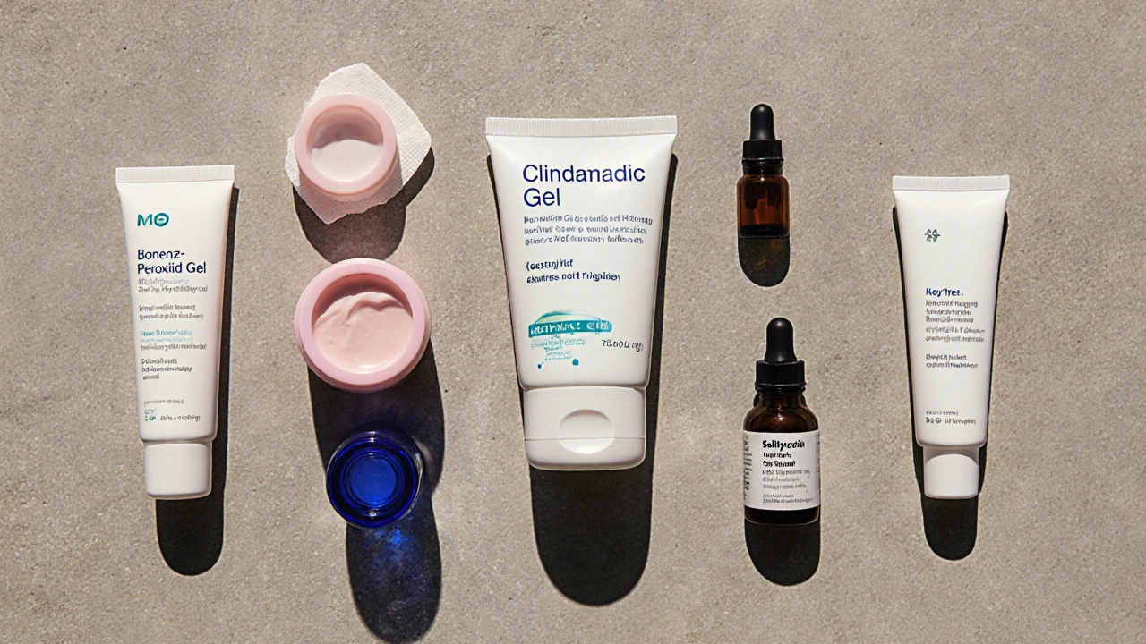 Flat‑lay of assorted acne treatment bottles and creams on a stone surface.