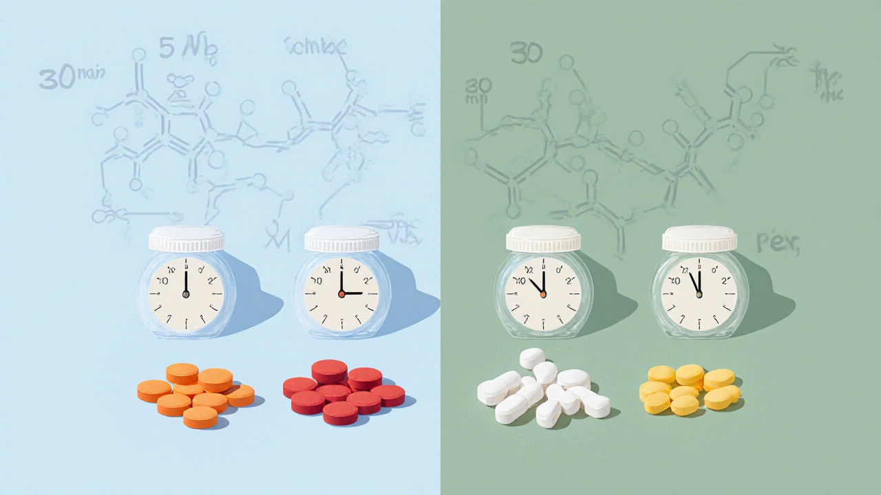 Flat‑lay of various pain‑relief pills with clock icons showing onset times and faint molecular sketches.