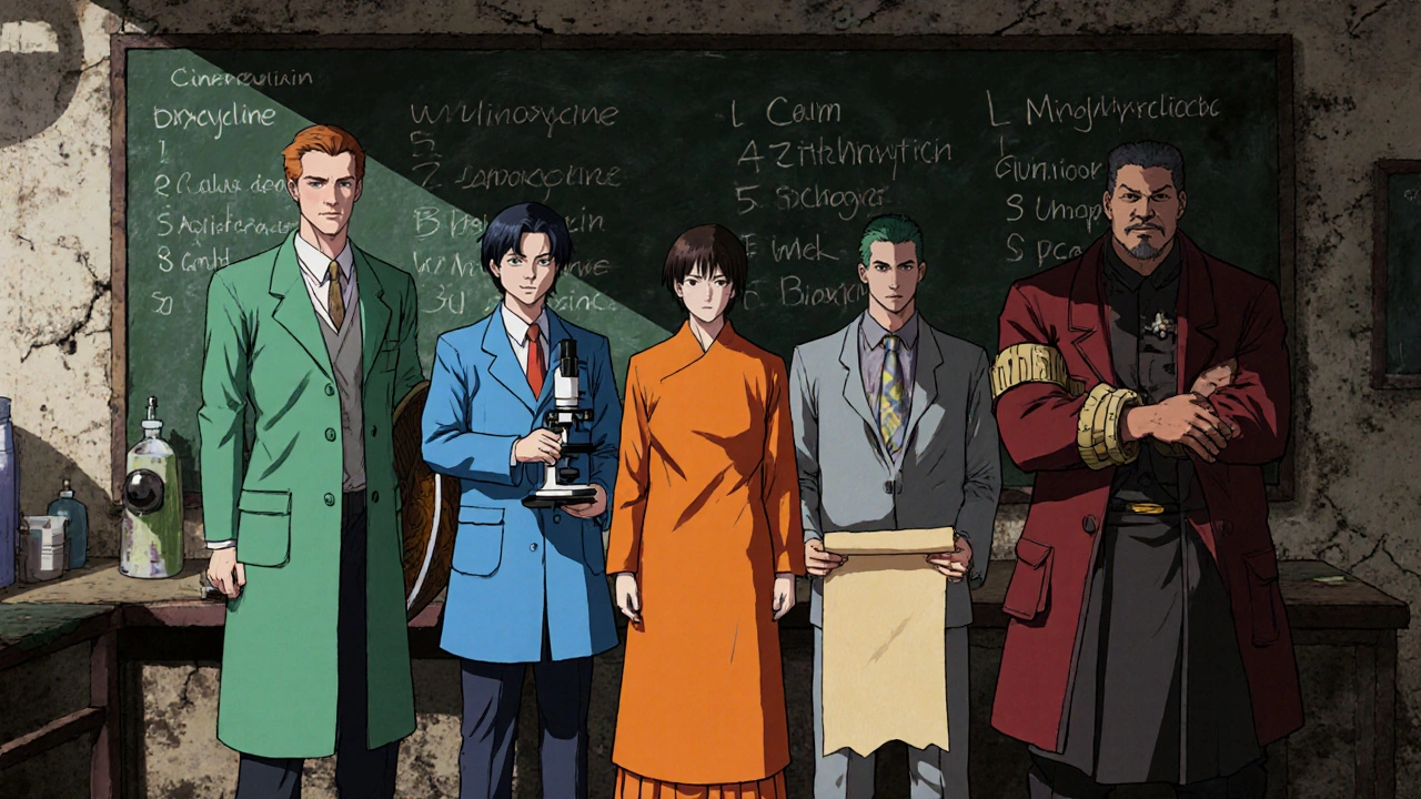 Four personified antibiotics (doxycycline, minocycline, azithromycin, ciprofloxacin) stand on a lab bench.