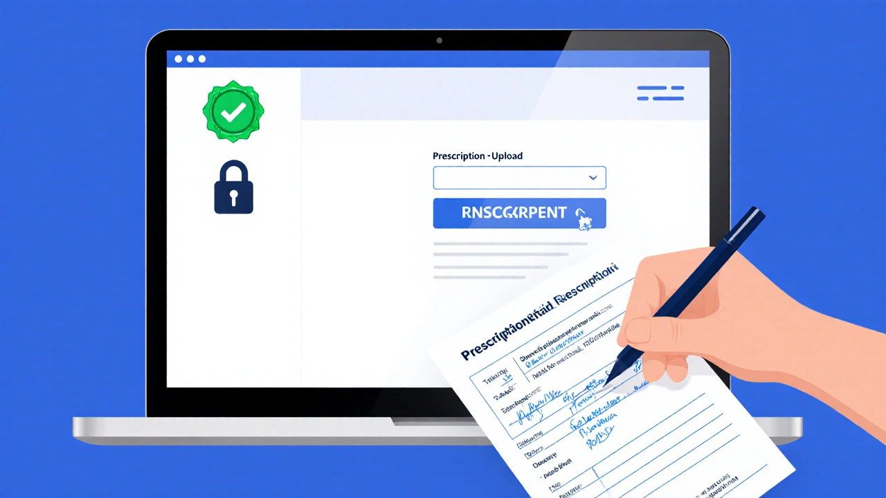 Hand holding a prescription near a laptop screen displaying secure pharmacy icons.