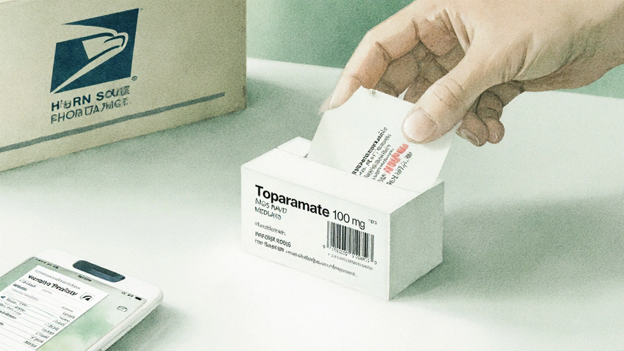 Hand opening a topiramate medication box with smartphone tracking screen in background.
