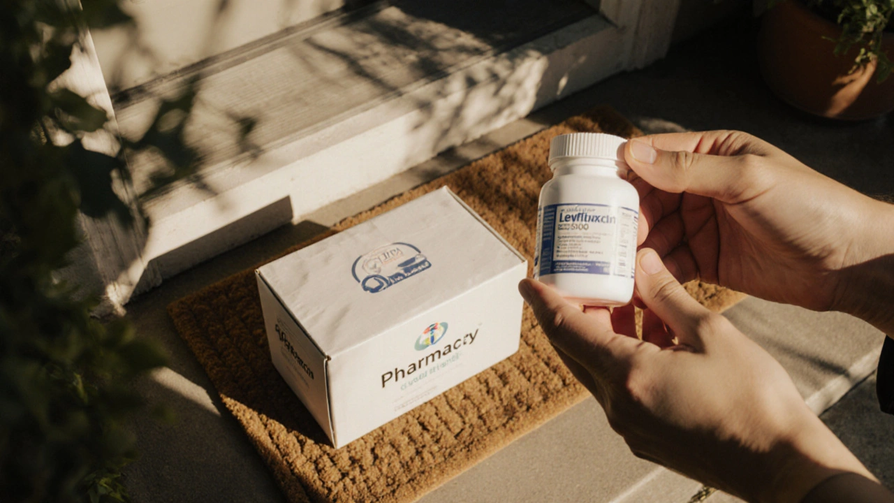 Hands unboxing a parcel, holding a bottle of generic levofloxacin tablets and inspecting a pill.