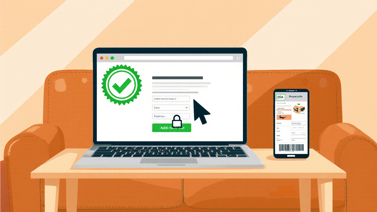 Laptop screen showing a secure checkout page with a green seal and padlock icon.