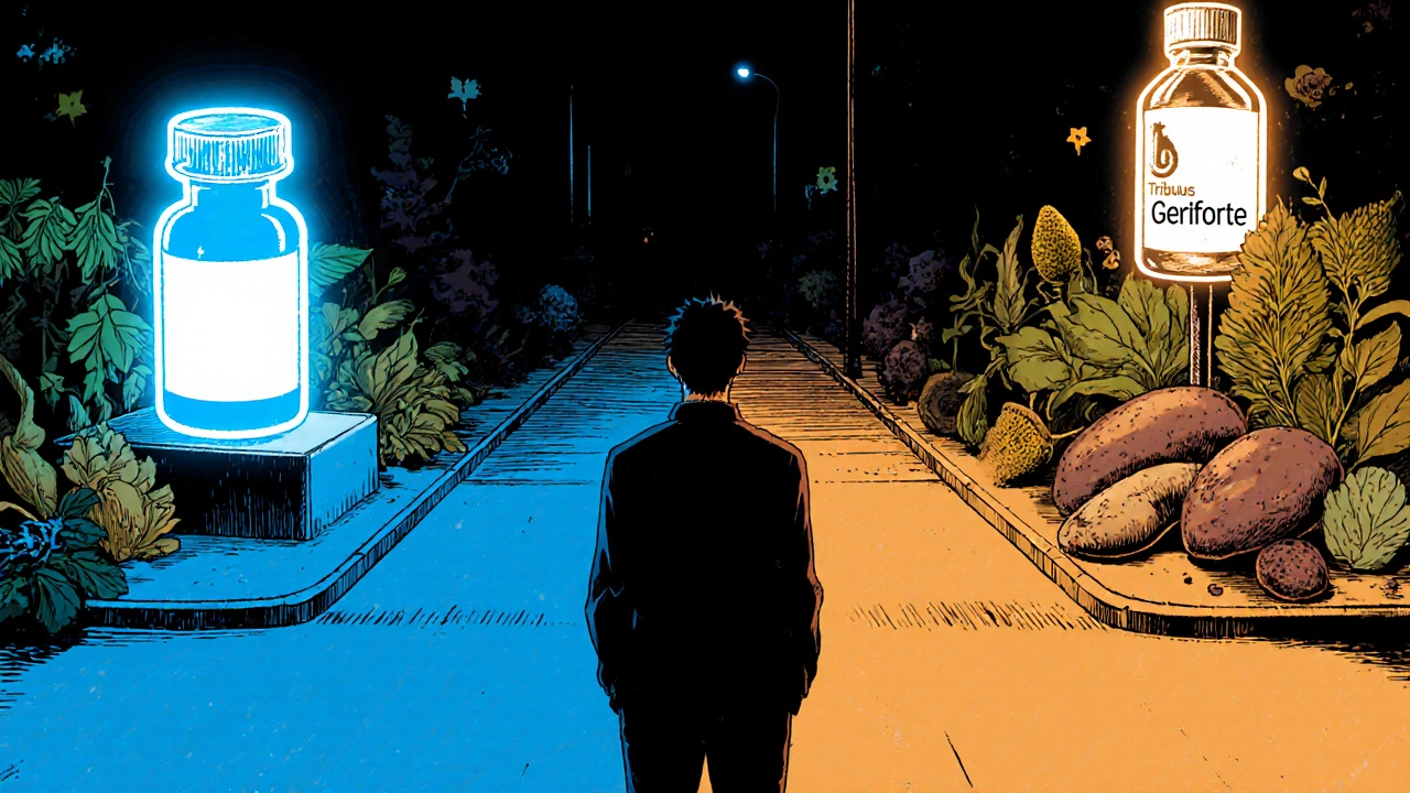 Man standing at a night-time crossroads choosing between a pill bottle and a herbal supplement.
