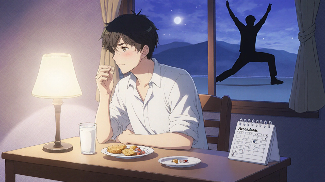 Man taking Aceclofenac with milk, calendar check‑up and stretching nearby.