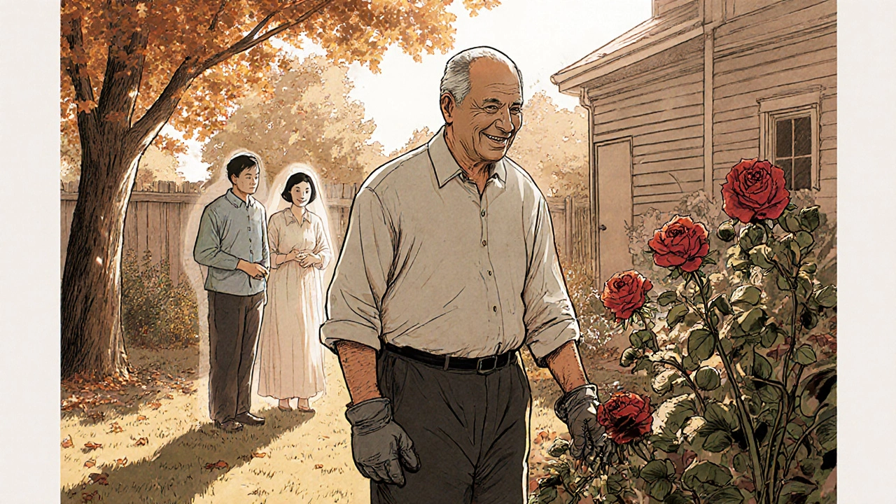 Old man gardening peacefully, past struggles fading behind him in autumn leaves.