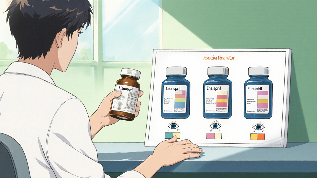 Patient and pharmacist comparing three ACE inhibitor bottles with eye safety icons.