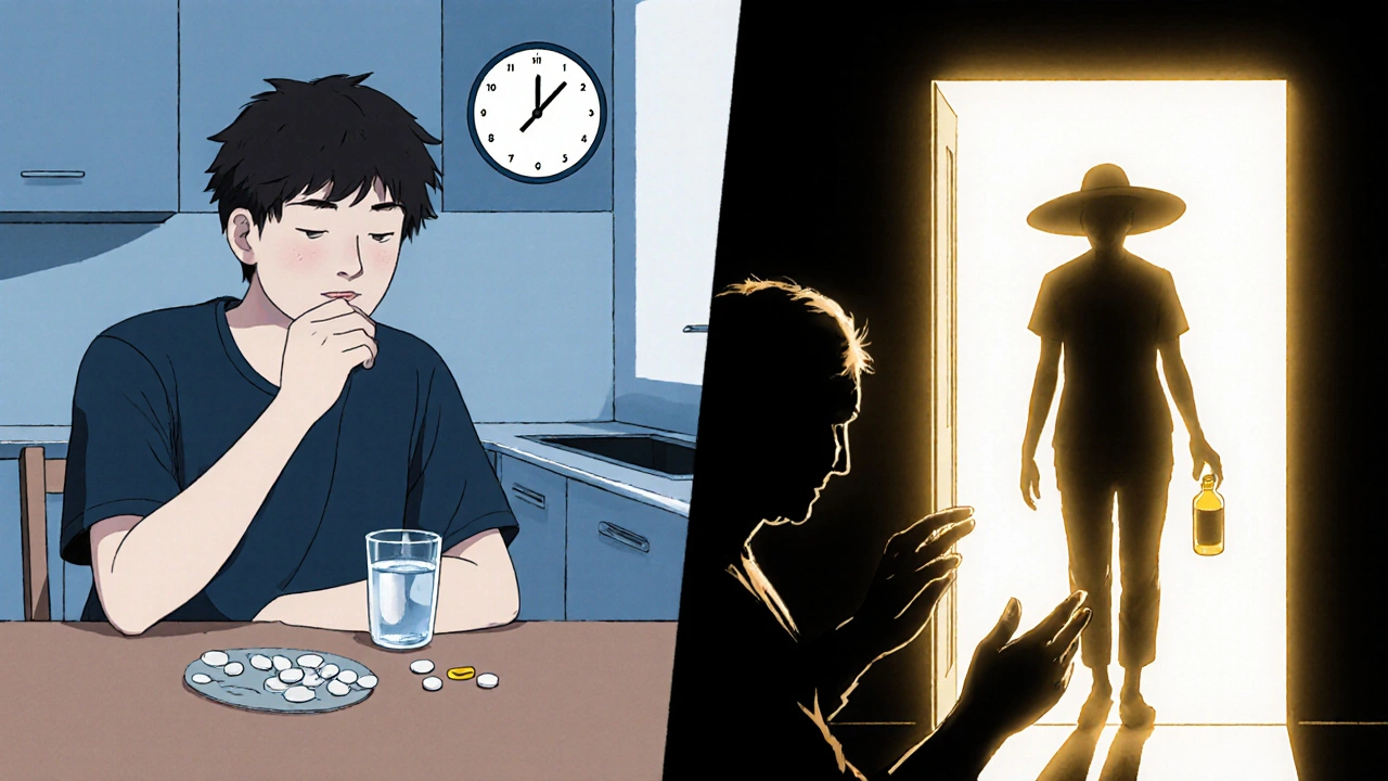 Patient takes a pill on an empty stomach, applies sunscreen, and an older person shows tendon caution.