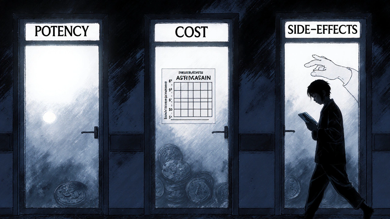 Patient walks down a corridor with doors for potency, cost, and side effects.