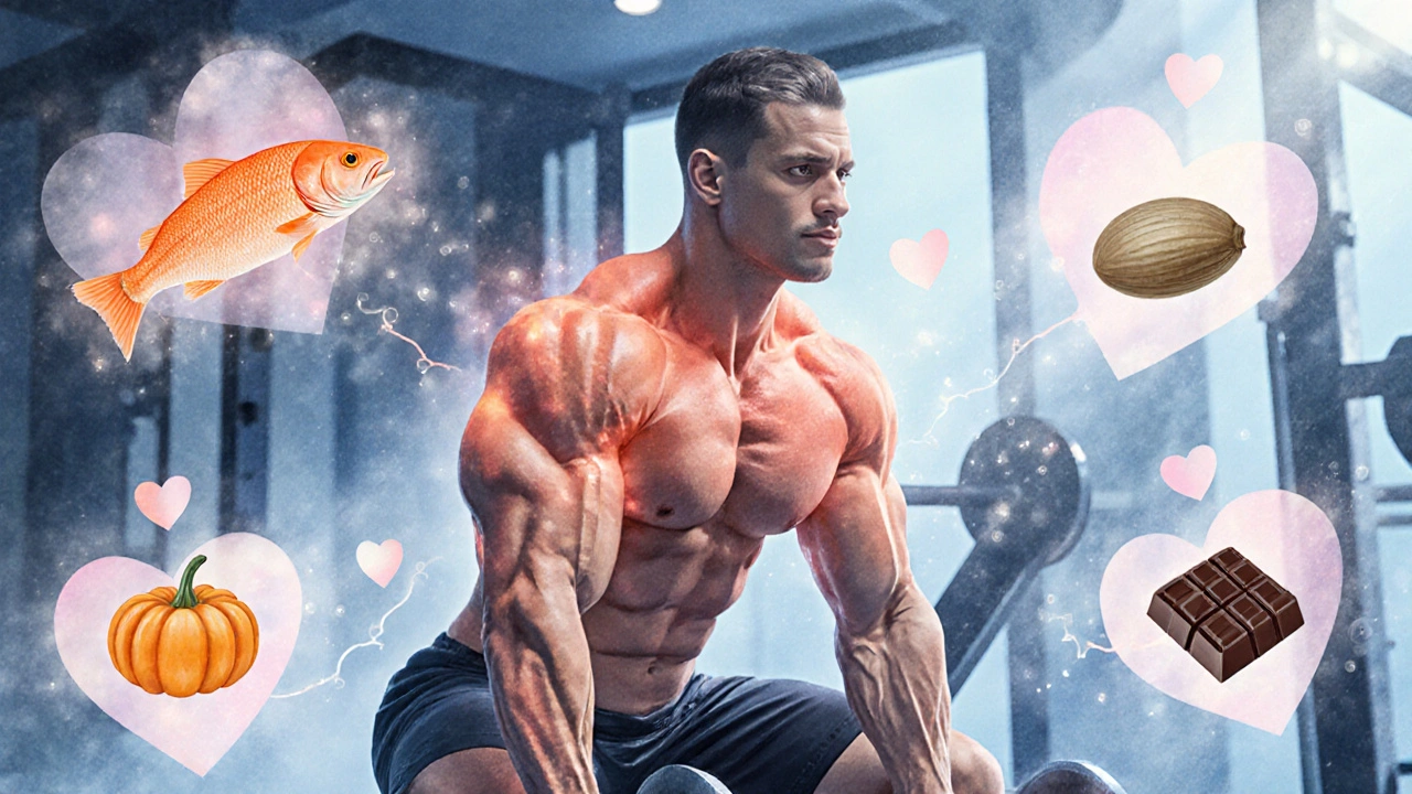 Person squatting in a gym with glowing hormone symbols and floating nutrient icons.