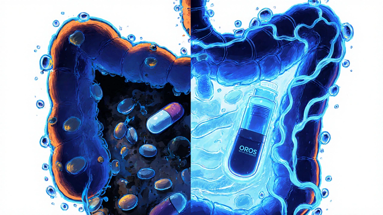 Side-by-side comparison of ADDERALL XR and CONCERTA pill mechanisms inside digestive system with glowing absorption paths.