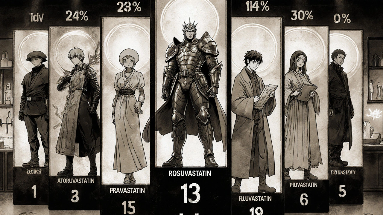 Six statin characters each represent their properties in a gritty panel collage.