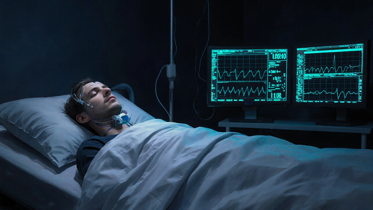 Sleep lab scene with patient, sensors, and glowing monitoring equipment.