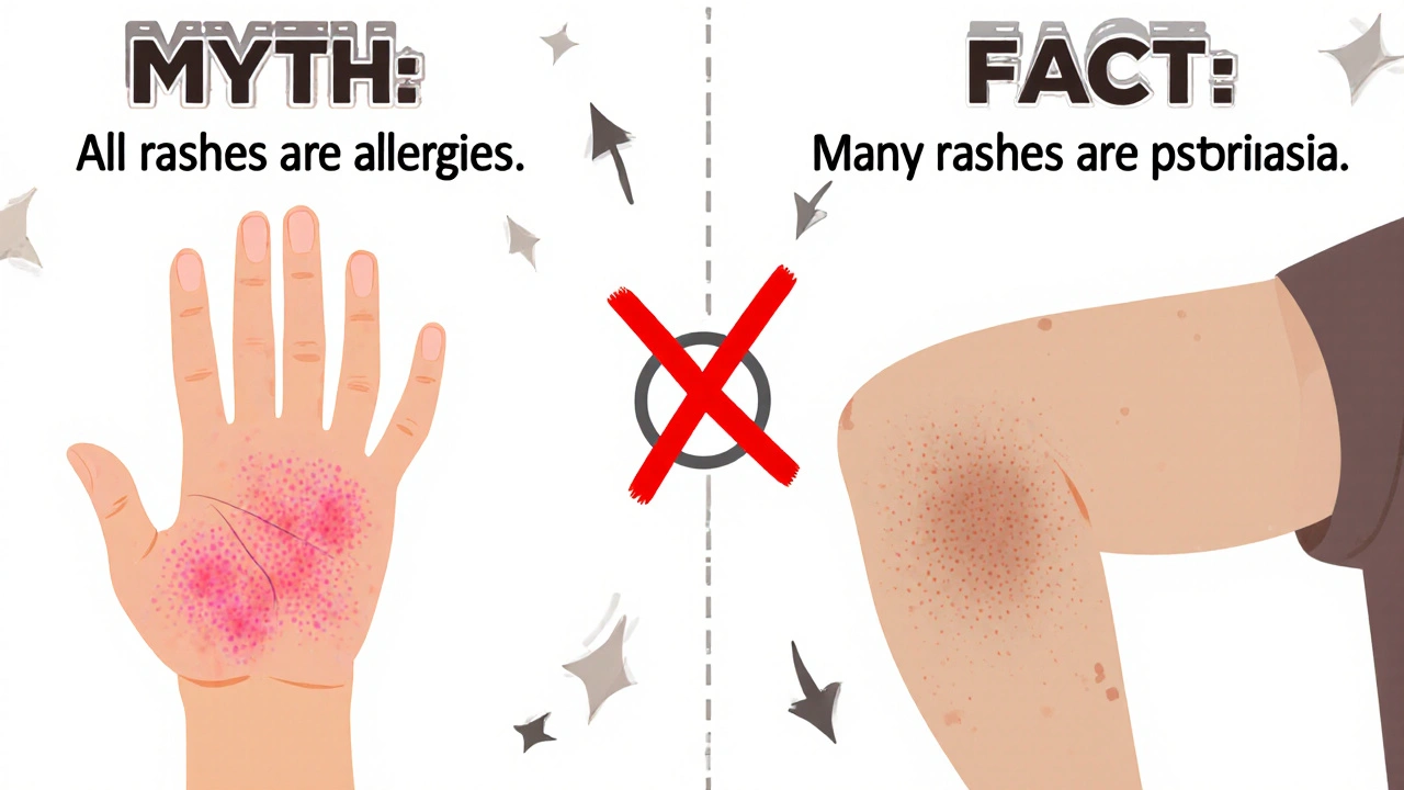 Split illustration showing allergic rash vs eczema, myth crossed out.