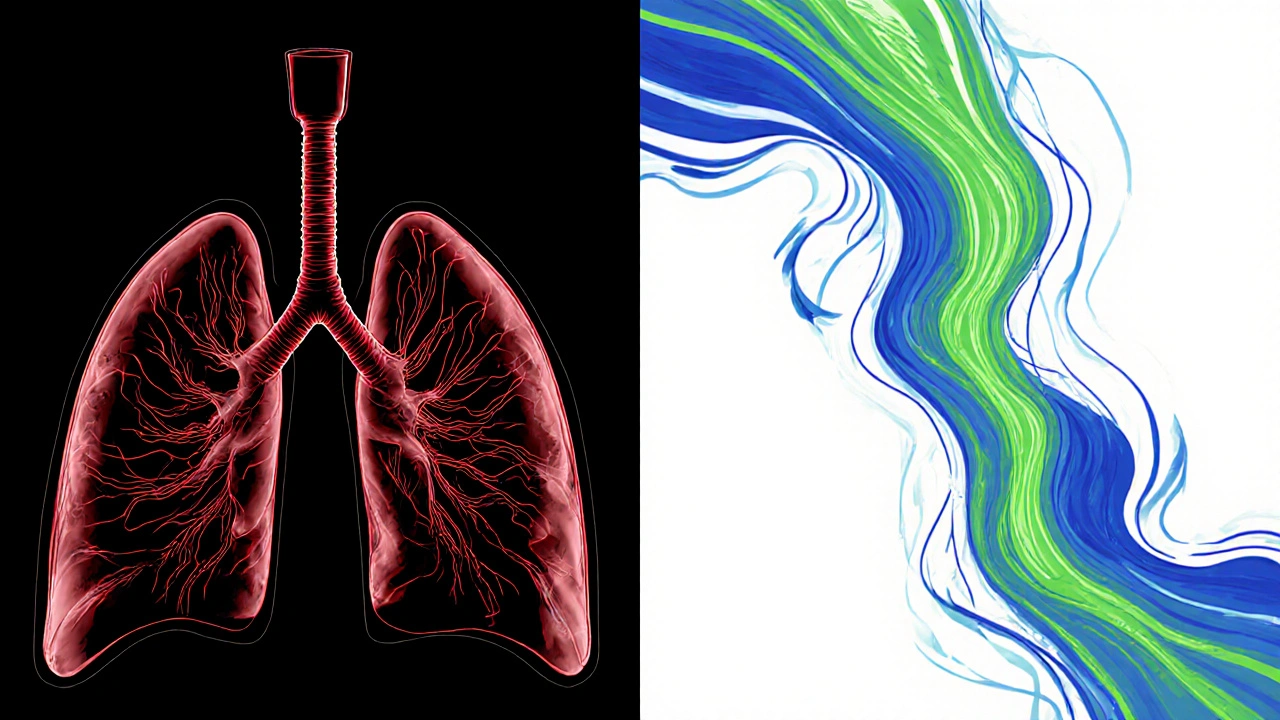 Split medical illustration showing airway opening via two complementary drug actions.