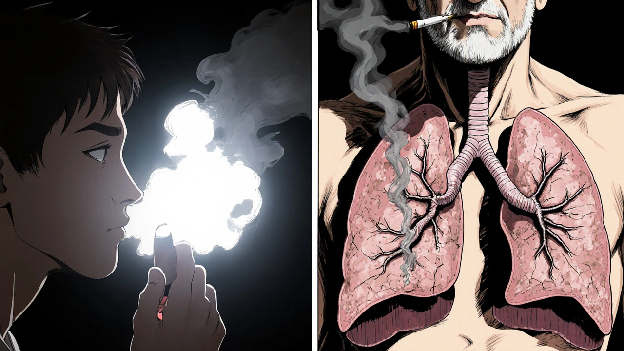 Split scene showing reversible asthma airway vs. damaged COPD lungs.