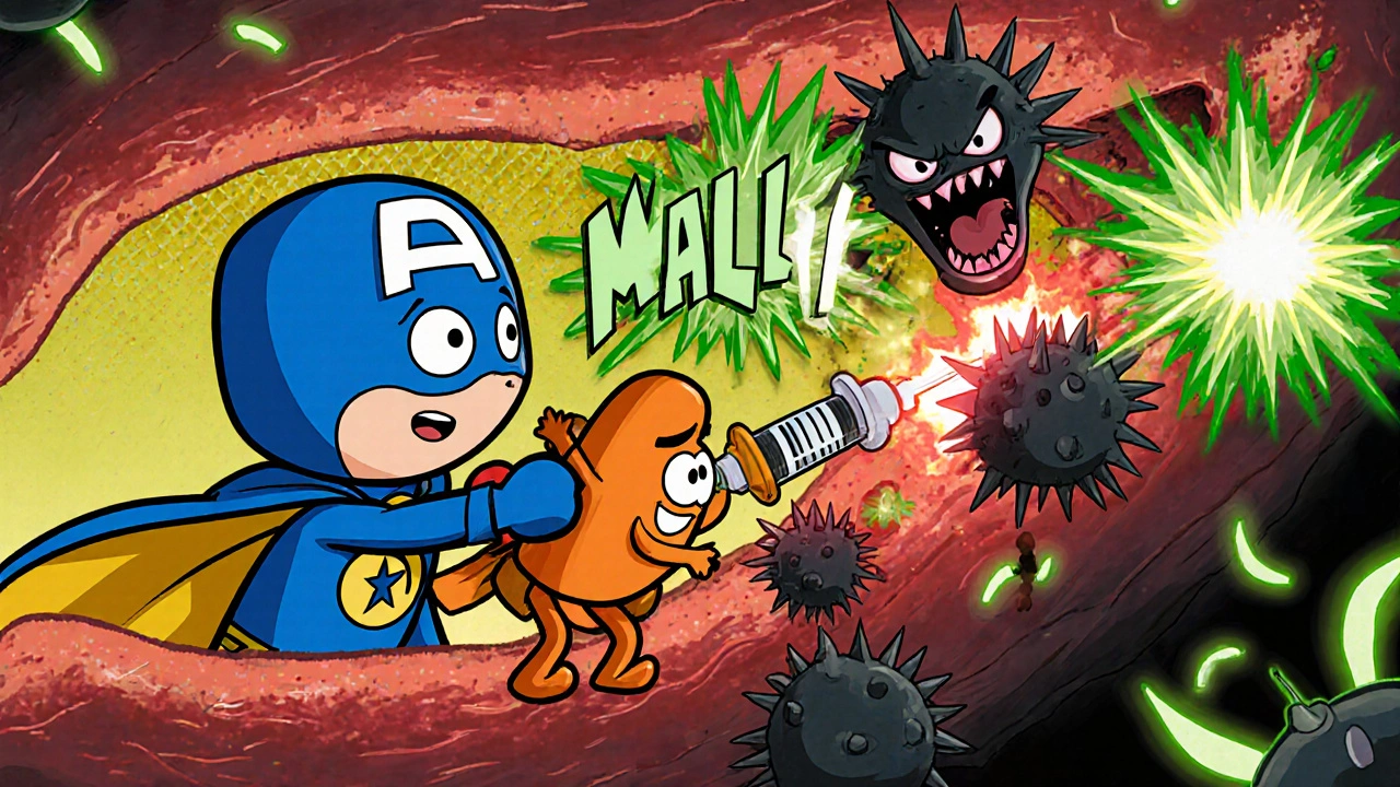 Superhero pomalidomide and azacitidine fight red TP53‑mutated AML monsters in a blood vessel.