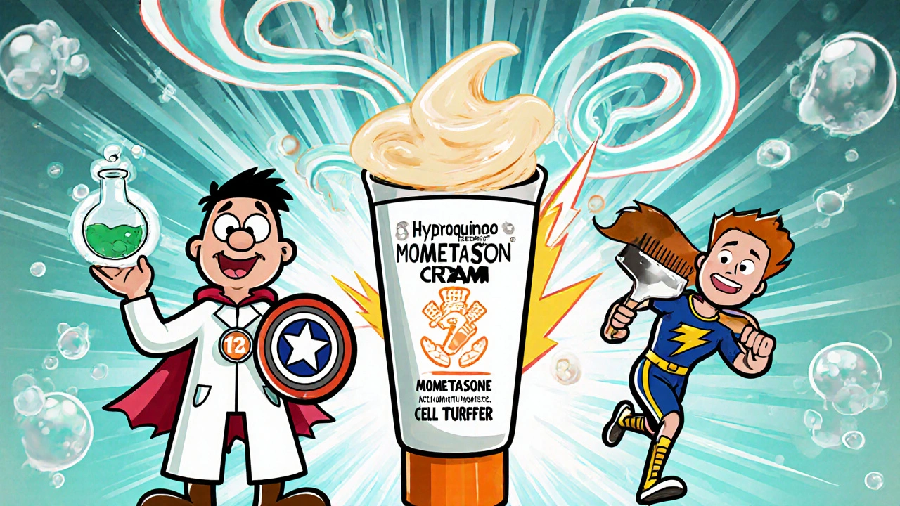 Three cartoon mascots representing hydroquinone, mometasone, and tretinoin merge into a cream tube.