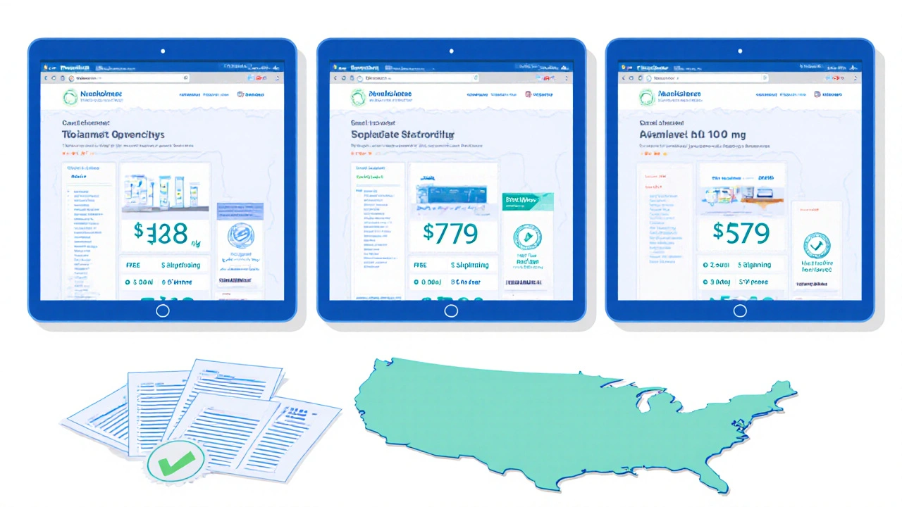 Three tablets showing different pharmacy prices, shipping, and verification badges for topiramate.