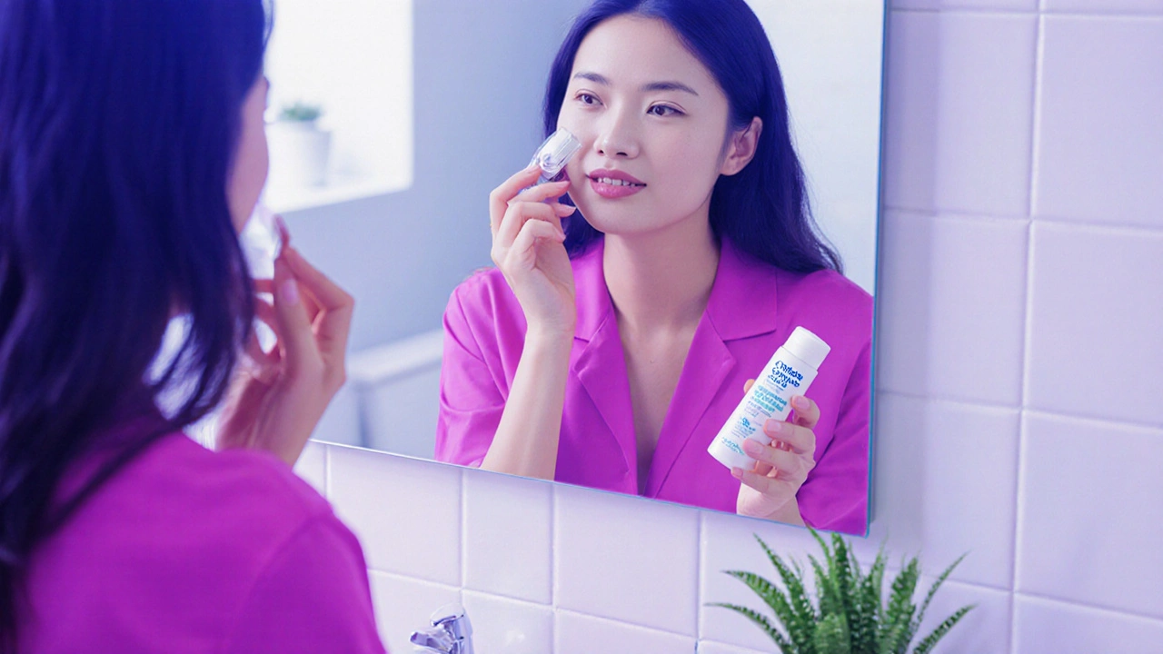 Woman applying Clindamycin gel and moisturizer in a bright bathroom mirror.