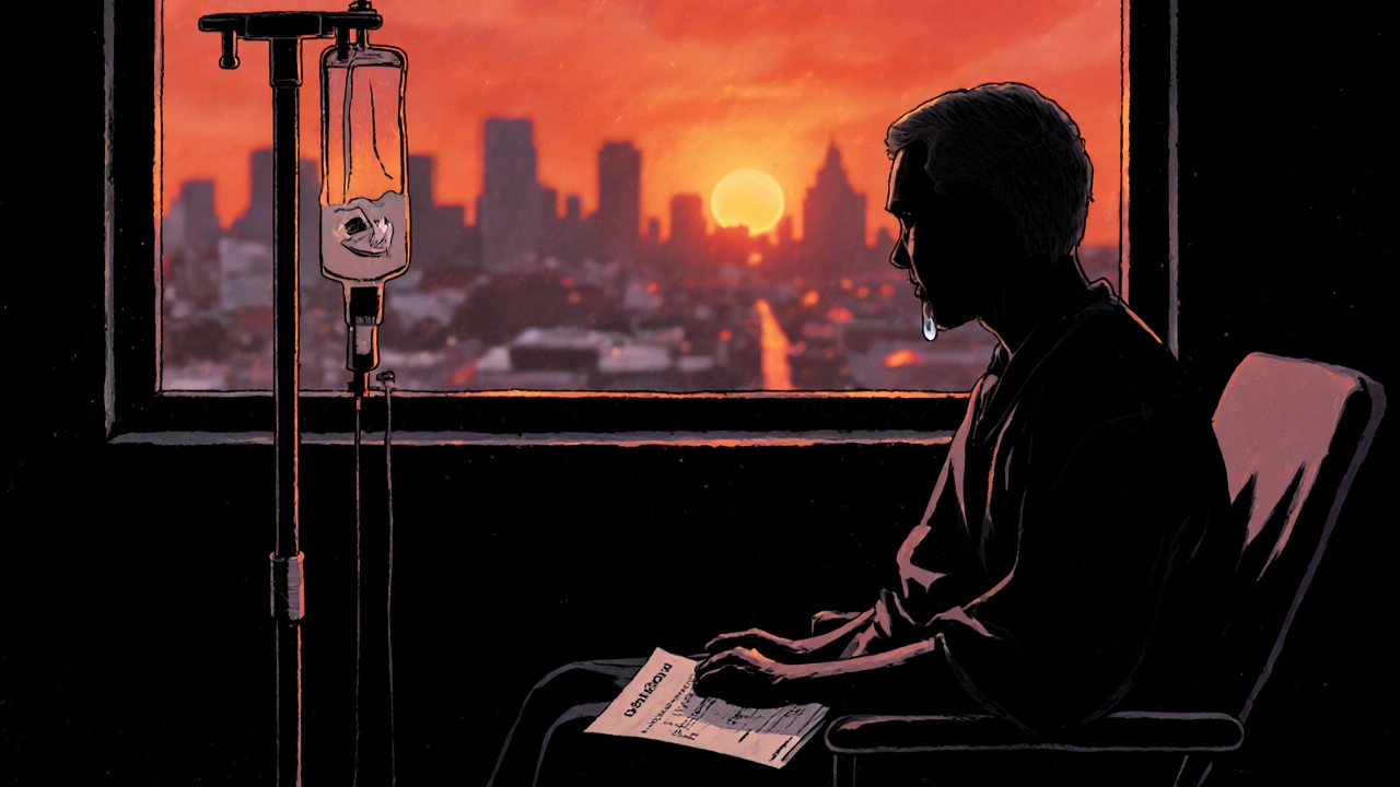 A cancer patient sits alone beside an empty IV pole, a crumpled prescription in hand.
