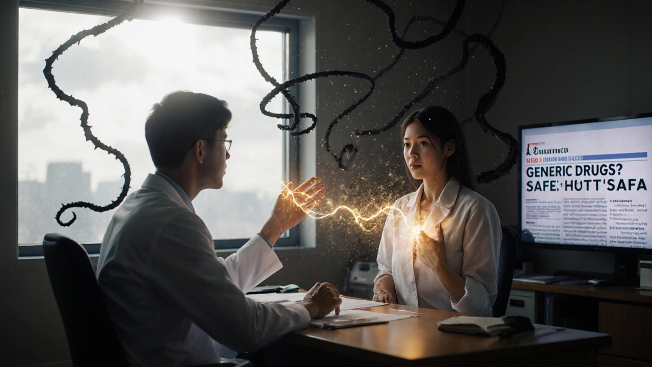 A doctor and patient in quiet conversation, a golden thread of reassurance connecting them as fear dissipates into ash.