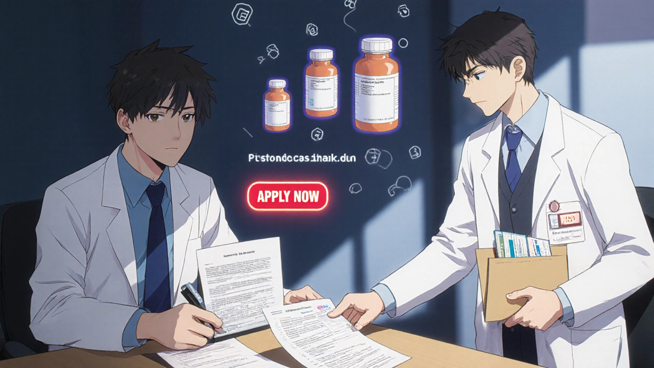 A doctor handing a signed form to a patient with cystic fibrosis, medical documents and medication icons around them.