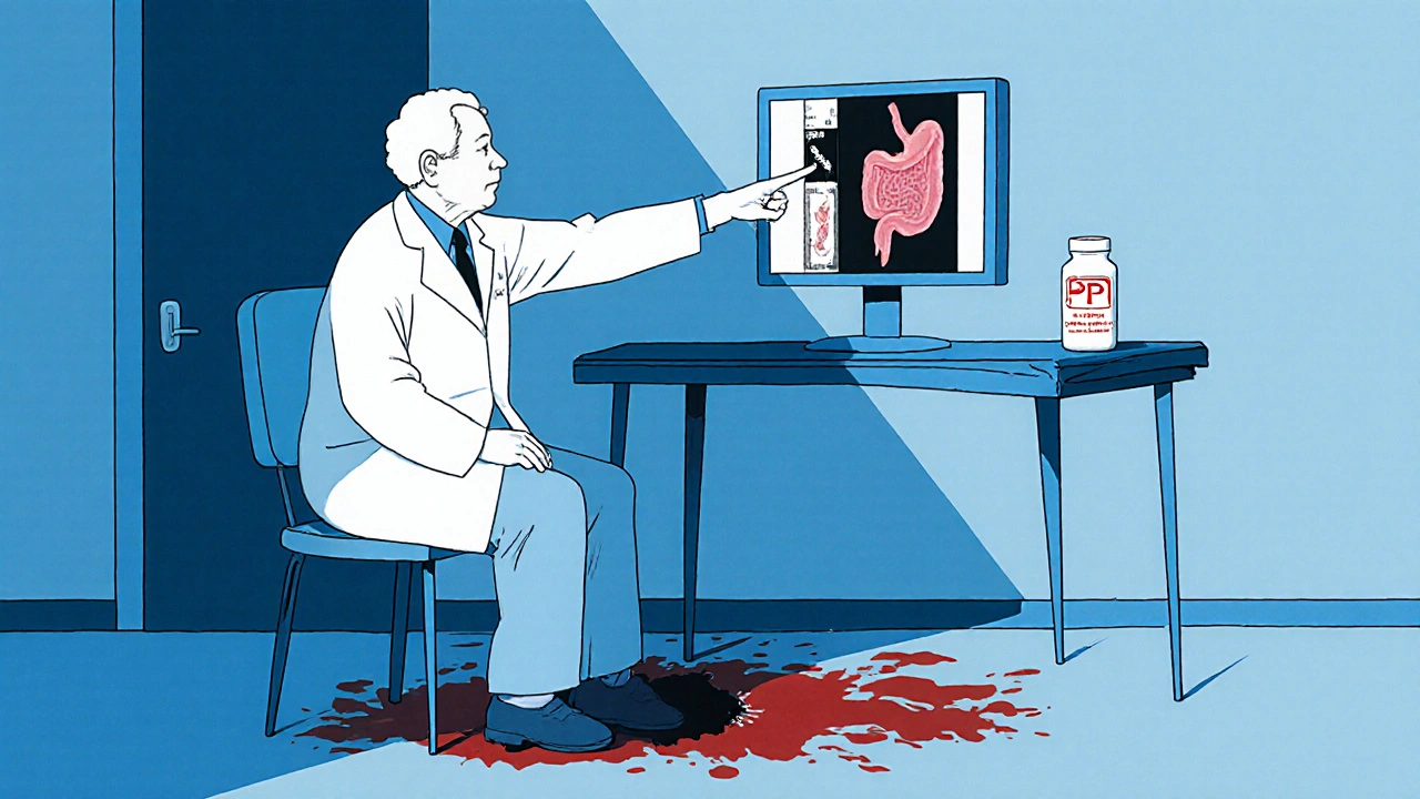 A doctor shows an endoscopy image of stomach damage to an elderly patient, with a bloodied shadow on the floor.