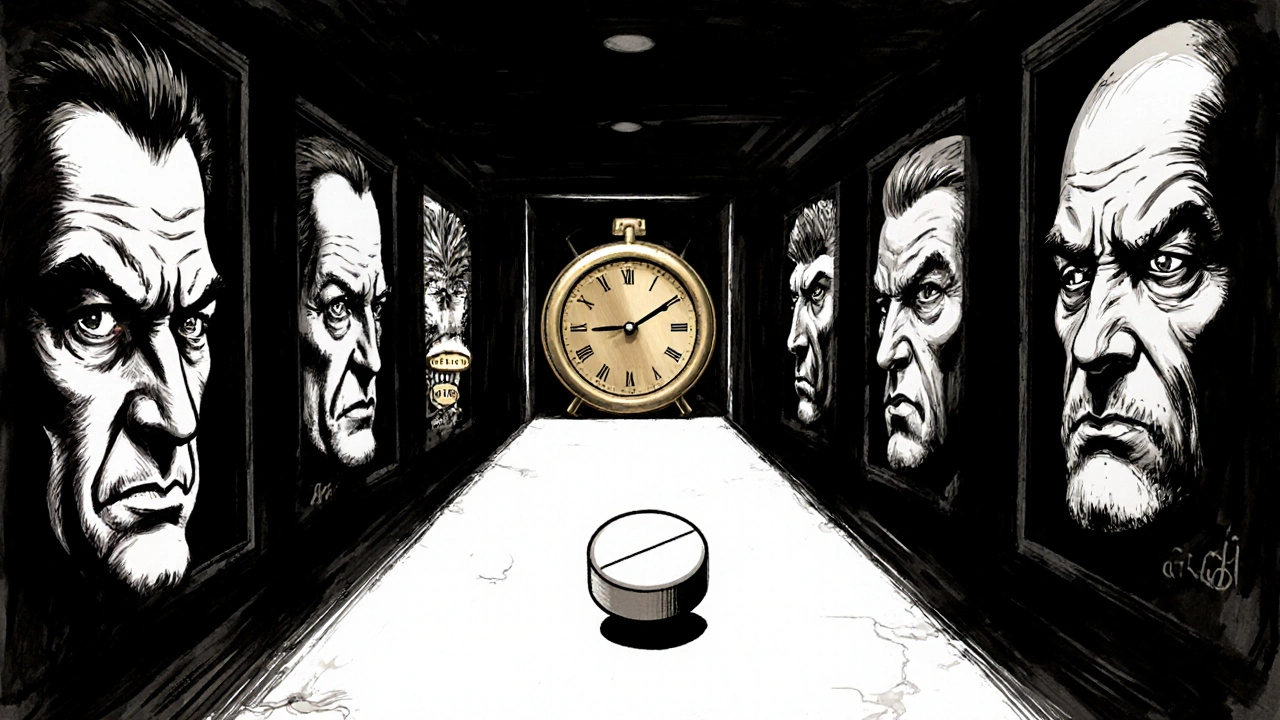 A generic pill rolling down a hallway lined with frowning brand drug portraits toward a ticking 180-day clock.