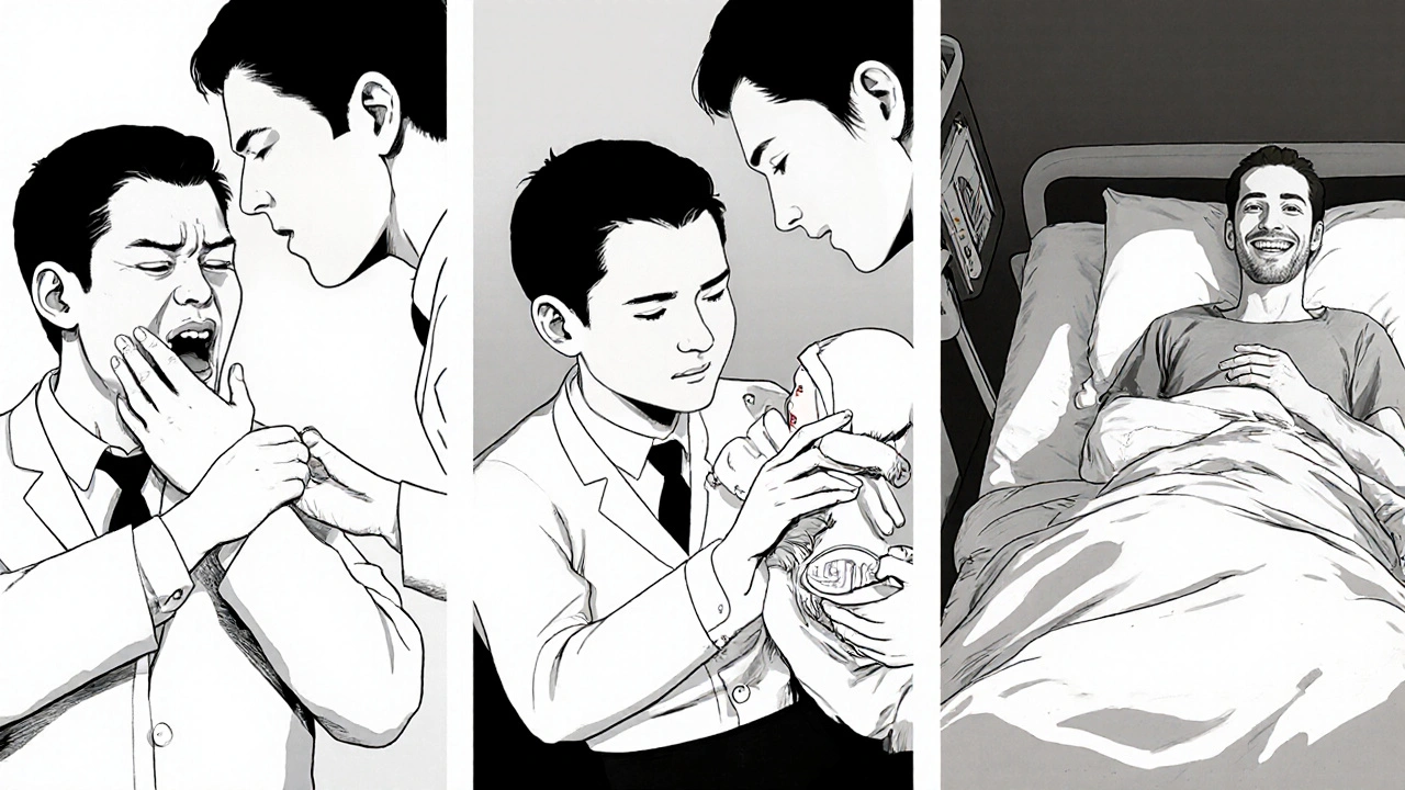 A man’s journey from allergic reaction to safe penicillin treatment during pregnancy, shown in three sequential panels.